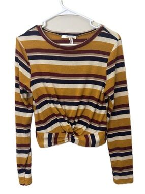 Gaze USA Striped Twist Front Crop Top Small Mustard Burgundy Boho